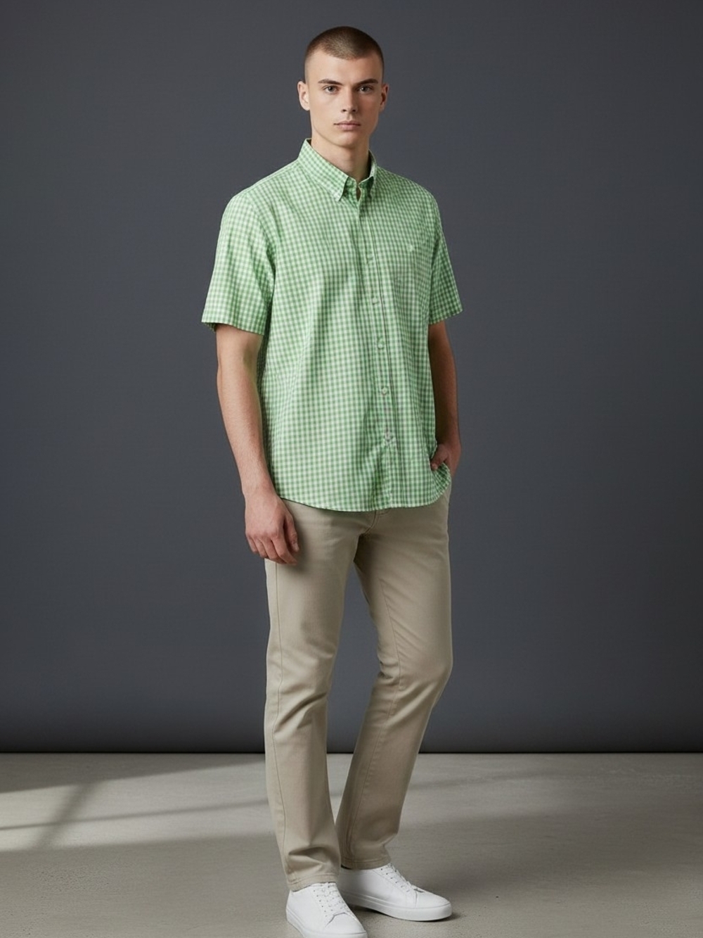 Chaps Light Green Gingham Short-Sleeve Button-Down Shirt